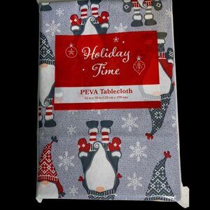 Holiday Time Santa Gnome Peva Vinyl Tablecloth 52in x 70in Red Gray Snow Flakes